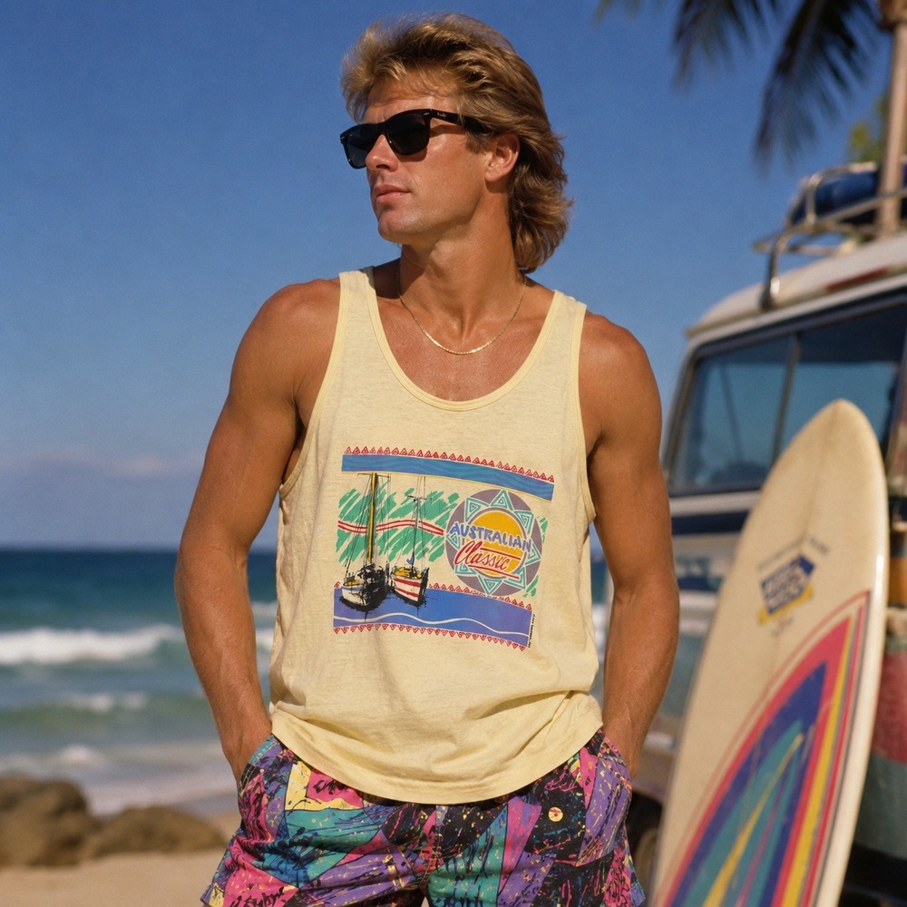 Vintage 1988 Single Stitch Sts Graphics Tank Top Xxl Yellow Australian Classic